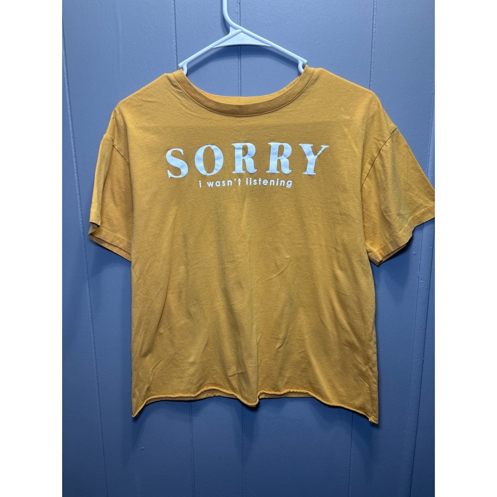 Awake Sorry I Wasnt Listening Graphic Tee Mustard Yellow Cotton Raw Hem Medium